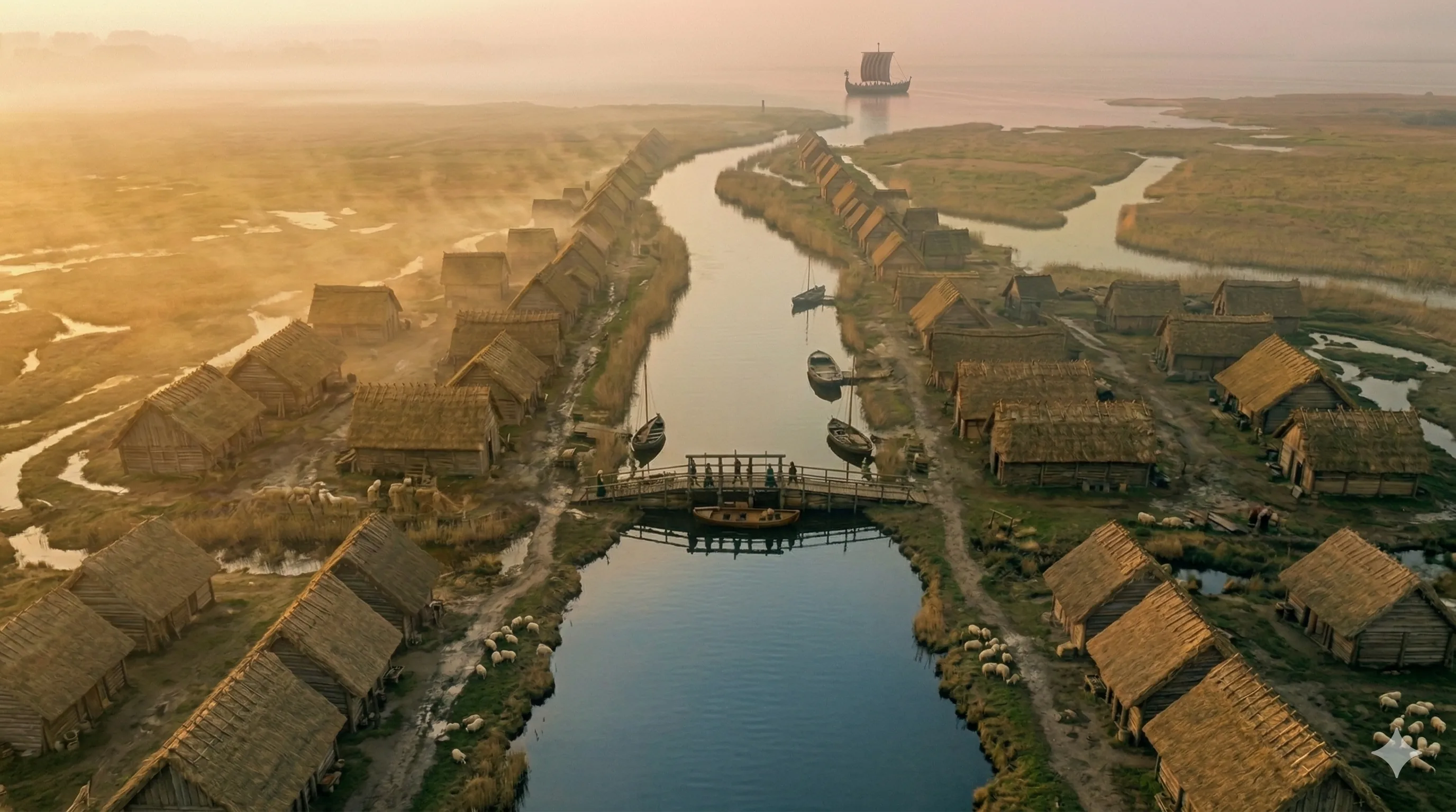 Een middeleeuws dorp aan het water bij zonsopgang